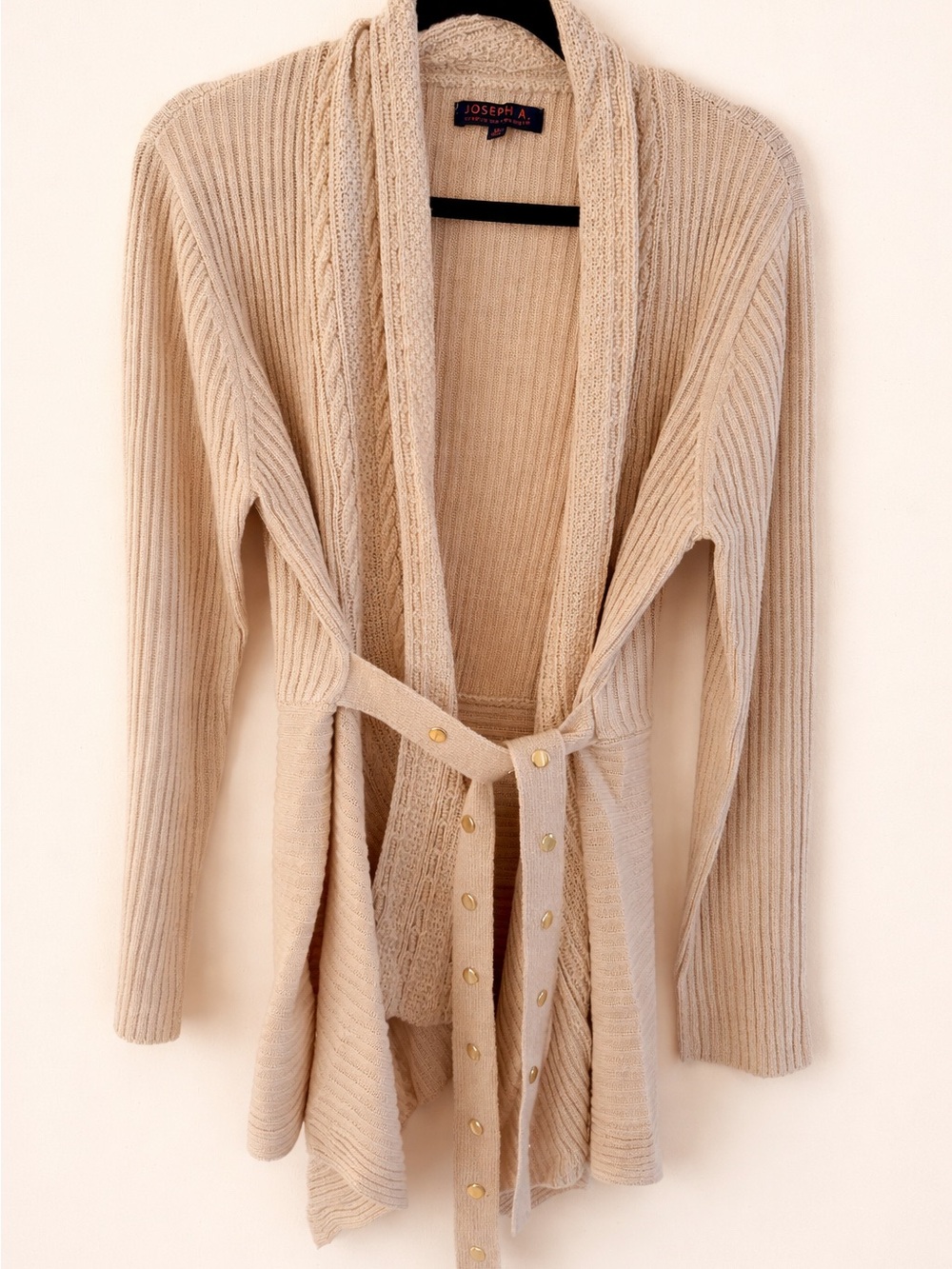 Joseph Cream Ribbed Shawl Collar Cardigan with Tie and Gold Snaps
